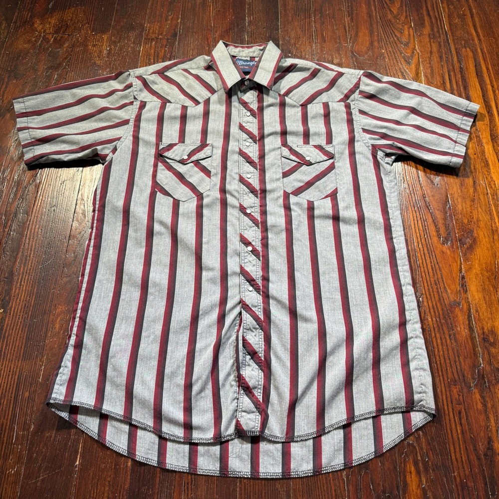 Vintage Wrangler Shirt Mens 17 Gray Red Striped X-Long Tails Pearl Snap Western